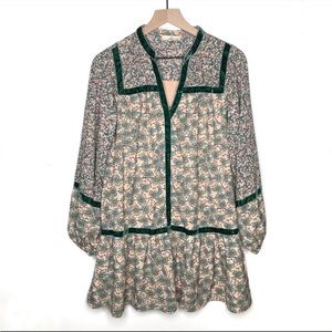 Entro Drop Waist Cottagecore Boho Floral Mini Dress Velvet Trim S